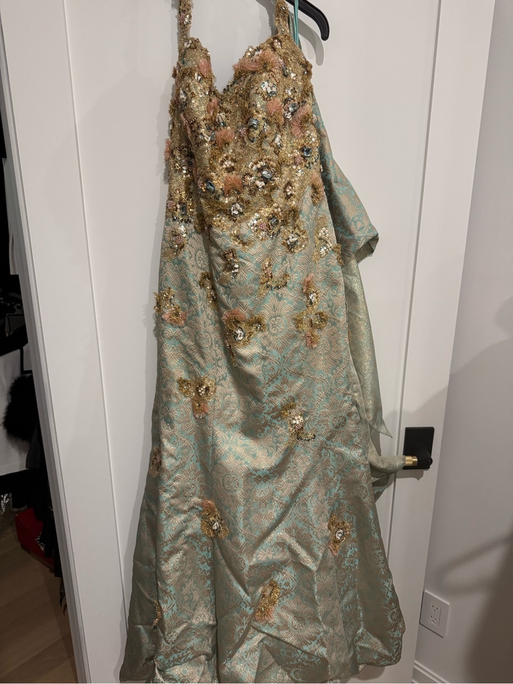 Terani Couture Mint Green and Gold Embellished Maxi Dress